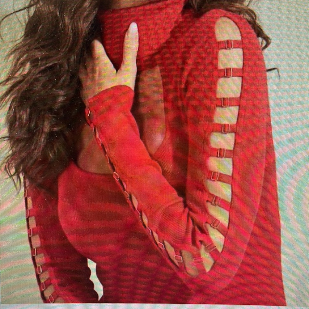 GUESS NEW High Neck Sweater. Cut out details on sleeves. Scarlett Red NWT - Picture 7 of 8